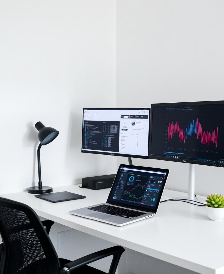 Clean small business workstation with monitoring dashboard